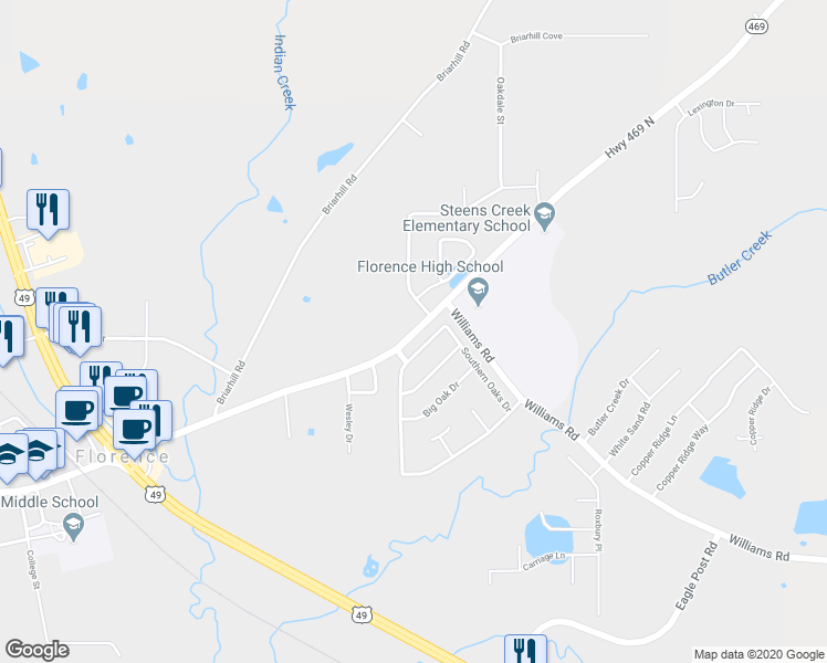 map of restaurants, bars, coffee shops, grocery stores, and more near 192 East Main Street in Florence