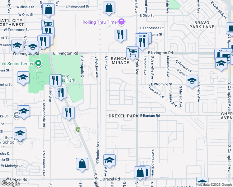 map of restaurants, bars, coffee shops, grocery stores, and more near 805 East Calle Mariachi in Tucson