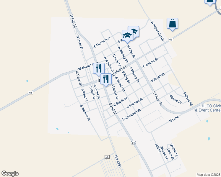 map of restaurants, bars, coffee shops, grocery stores, and more near 106 East Adams Street in Itasca