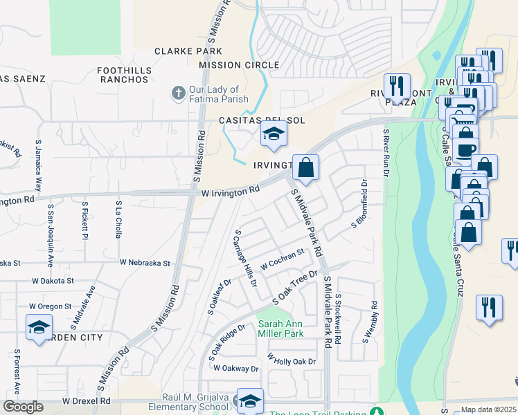 map of restaurants, bars, coffee shops, grocery stores, and more near 5121 South Lavender Mist Court in Tucson