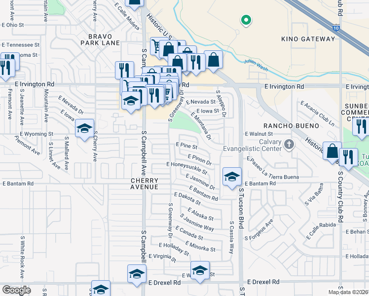 map of restaurants, bars, coffee shops, grocery stores, and more near 2105 East Pinon Drive in Tucson