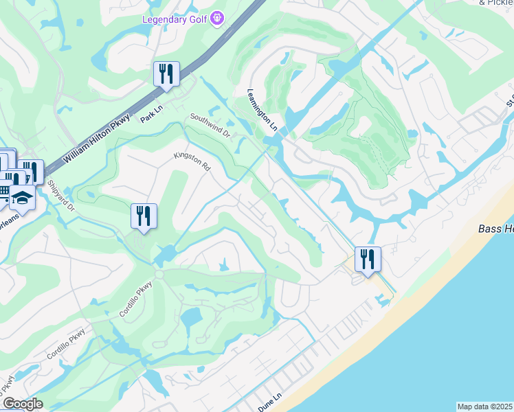 map of restaurants, bars, coffee shops, grocery stores, and more near 59 Kingston Dunes Road in Hilton Head Island