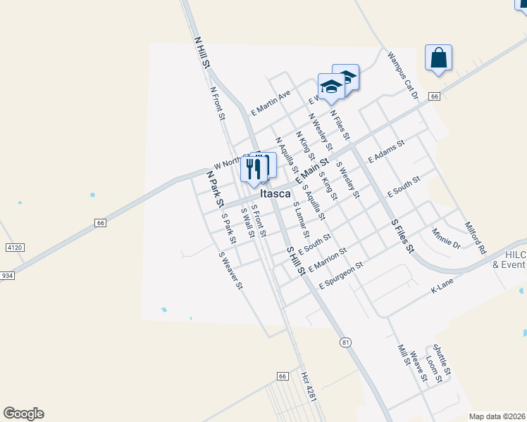 map of restaurants, bars, coffee shops, grocery stores, and more near 105 West Adams Street in Itasca