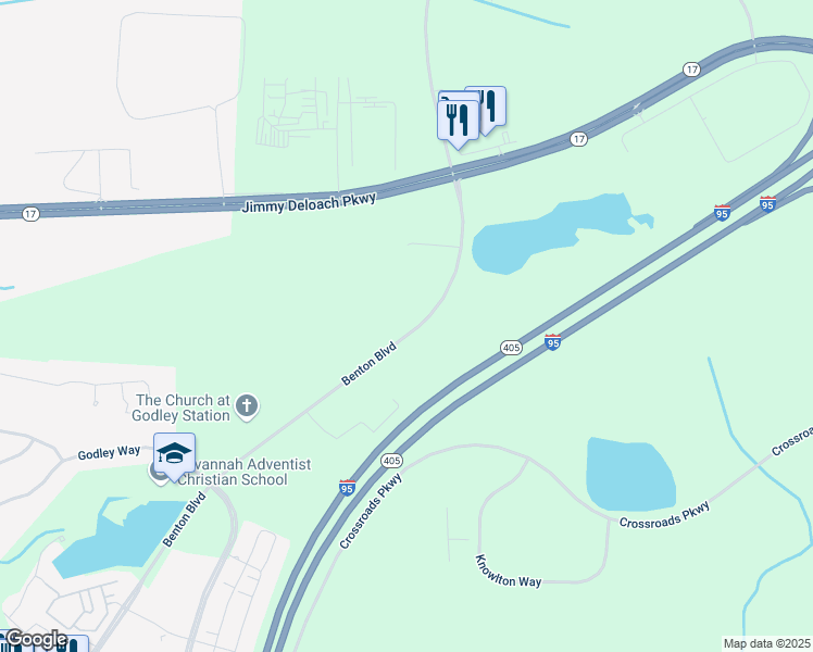 map of restaurants, bars, coffee shops, grocery stores, and more near 1745 Benton Boulevard in Port Wentworth