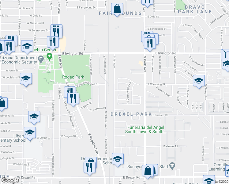 map of restaurants, bars, coffee shops, grocery stores, and more near 5041 S 1st Ave in Tucson
