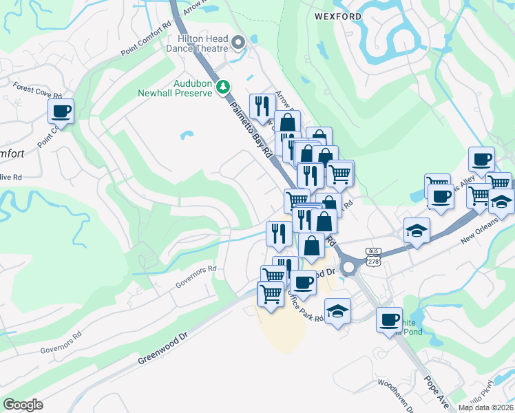 map of restaurants, bars, coffee shops, grocery stores, and more near 156 Otter Road in Hilton Head Island