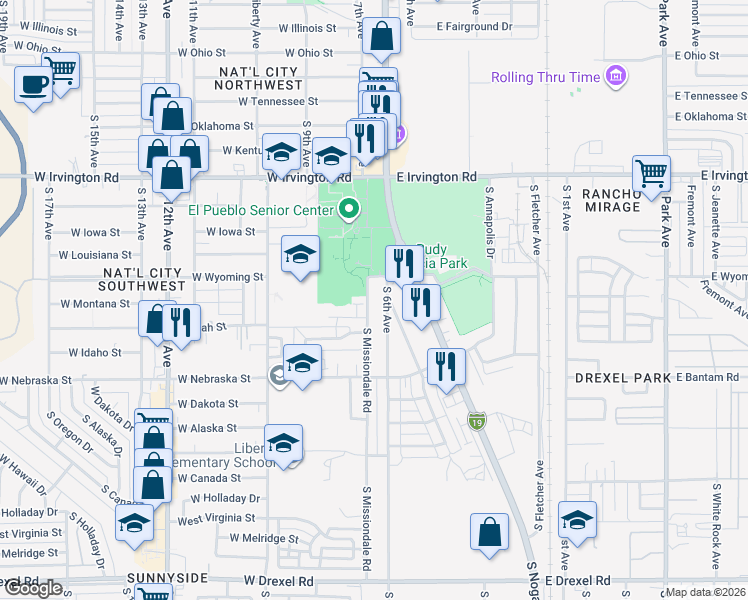 map of restaurants, bars, coffee shops, grocery stores, and more near 5138 South 6th Avenue in Tucson