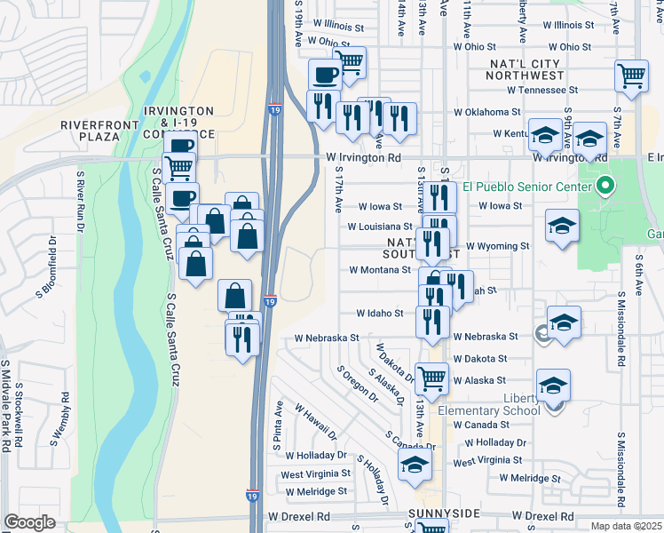 map of restaurants, bars, coffee shops, grocery stores, and more near 5142 South 17th Avenue in Tucson