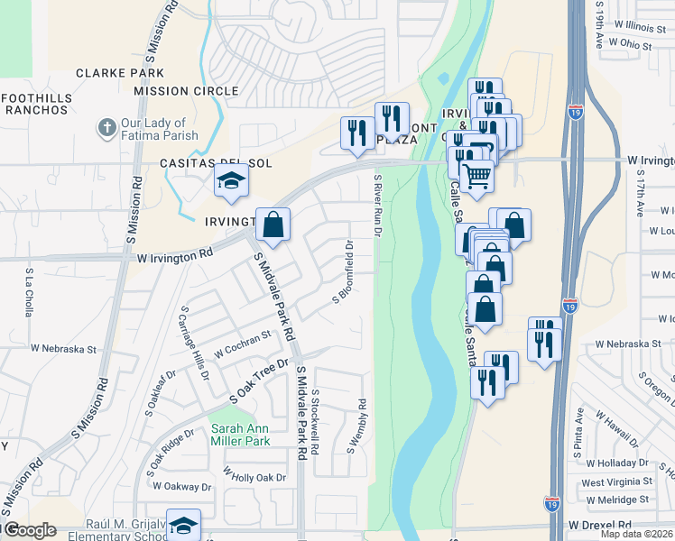 map of restaurants, bars, coffee shops, grocery stores, and more near 1497 West Locke Drive in Tucson
