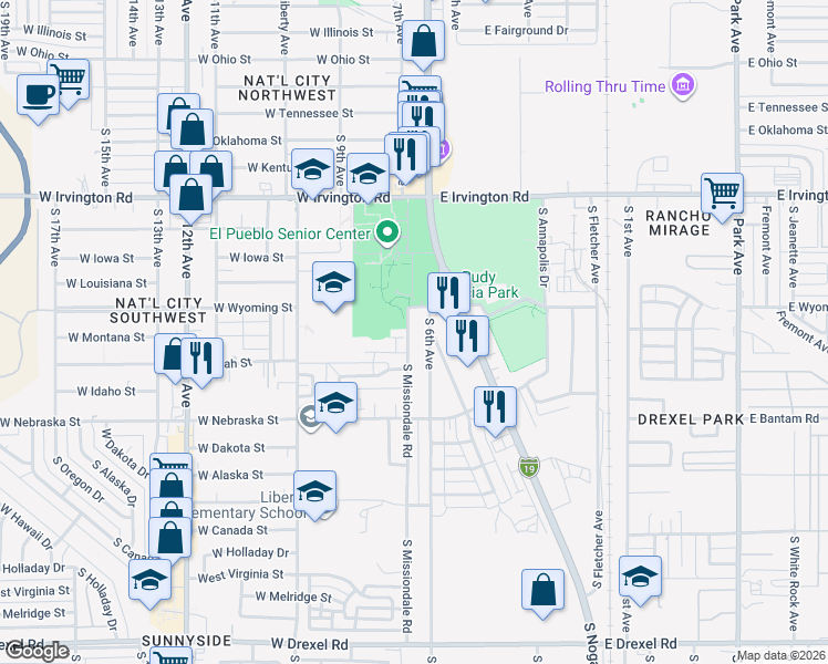 map of restaurants, bars, coffee shops, grocery stores, and more near 5138 South 6th Avenue in Tucson
