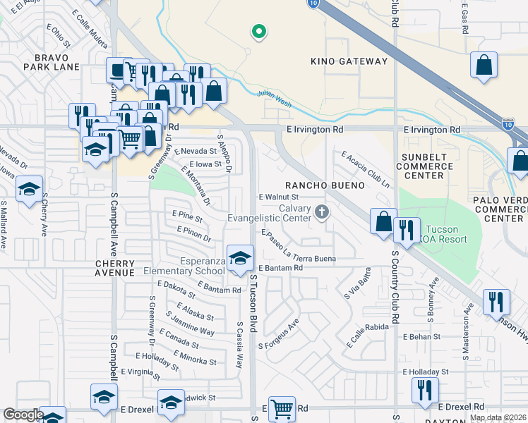 map of restaurants, bars, coffee shops, grocery stores, and more near 2542 East Via Sol Caliente in Tucson
