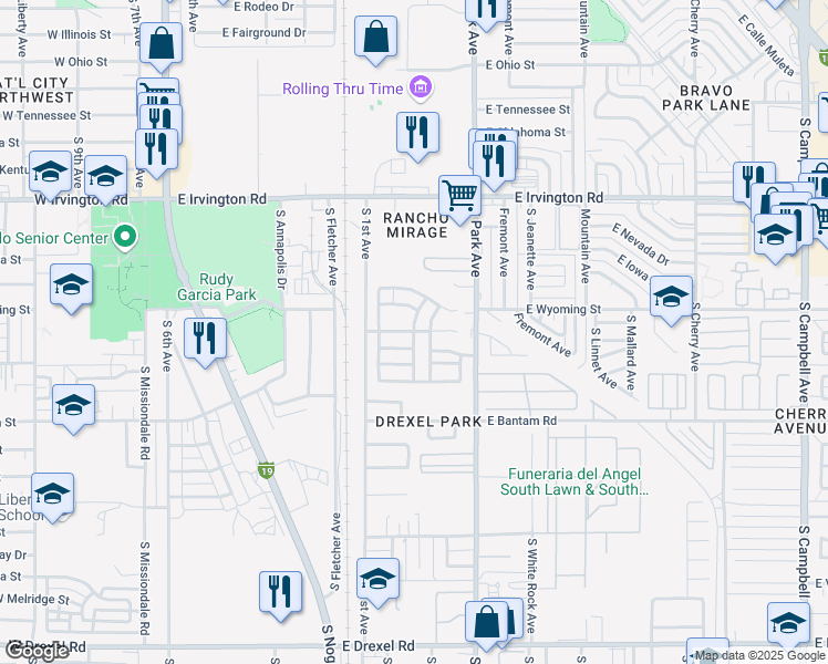 map of restaurants, bars, coffee shops, grocery stores, and more near South Dorothy Day Lane in Tucson