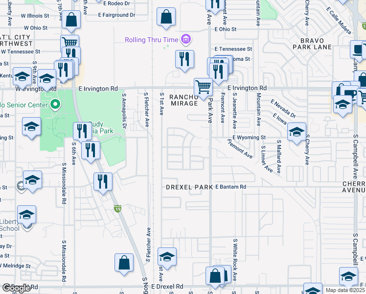 map of restaurants, bars, coffee shops, grocery stores, and more near South Dorothy Day Lane in Tucson
