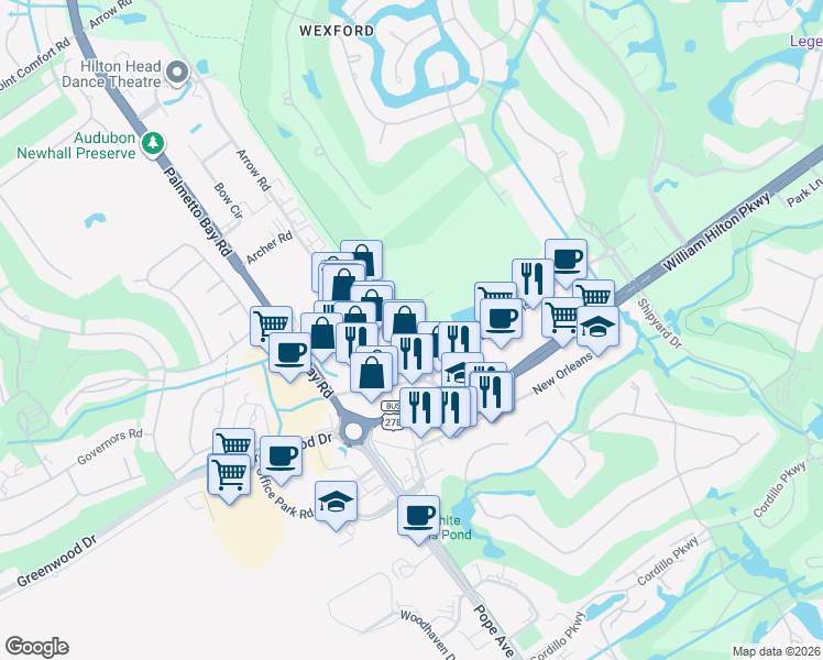 map of restaurants, bars, coffee shops, grocery stores, and more near 139 Arrow Road in Hilton Head Island