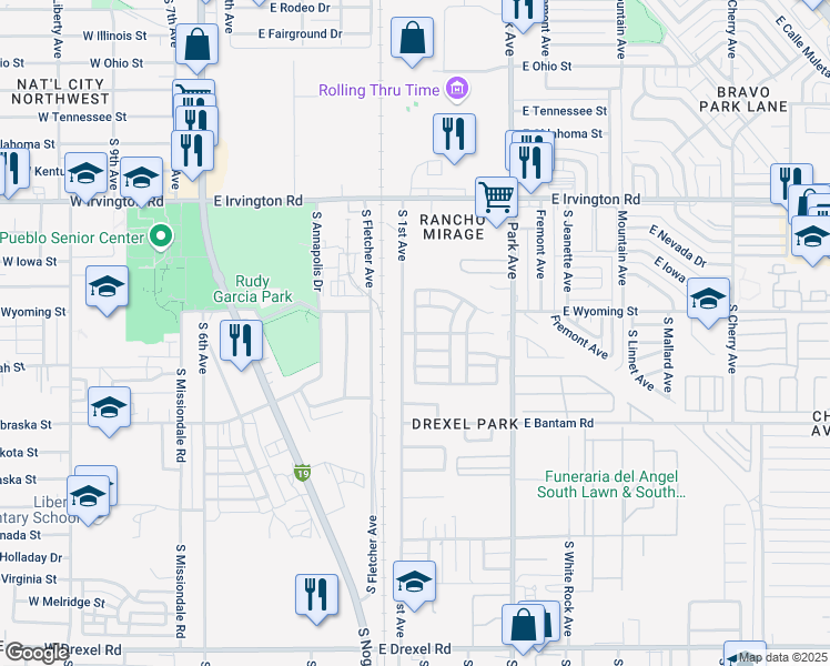 map of restaurants, bars, coffee shops, grocery stores, and more near South Hammer Lane in Tucson