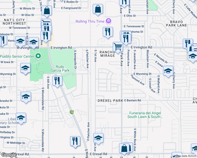 map of restaurants, bars, coffee shops, grocery stores, and more near South Hammer Lane in Tucson