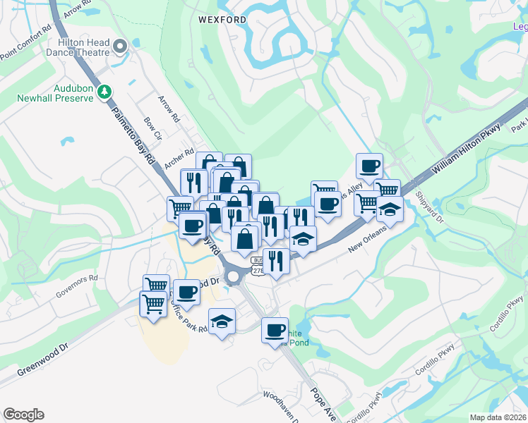 map of restaurants, bars, coffee shops, grocery stores, and more near 130 Arrow Rd in Hilton Head Island