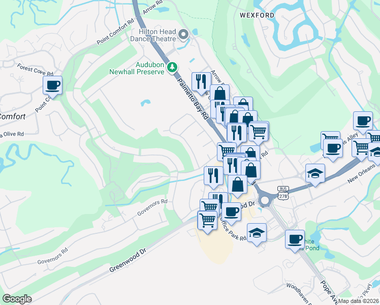 map of restaurants, bars, coffee shops, grocery stores, and more near 156 Otter Road in Hilton Head Island