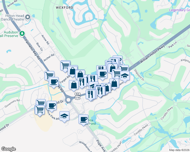 map of restaurants, bars, coffee shops, grocery stores, and more near 131 Dunnigans Alley in Hilton Head Island