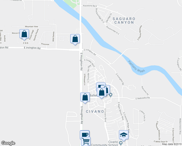 map of restaurants, bars, coffee shops, grocery stores, and more near 10360 East Cele Peterson Lane in Tucson