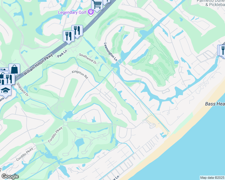 map of restaurants, bars, coffee shops, grocery stores, and more near 69 Kingston Dunes Road in Hilton Head Island
