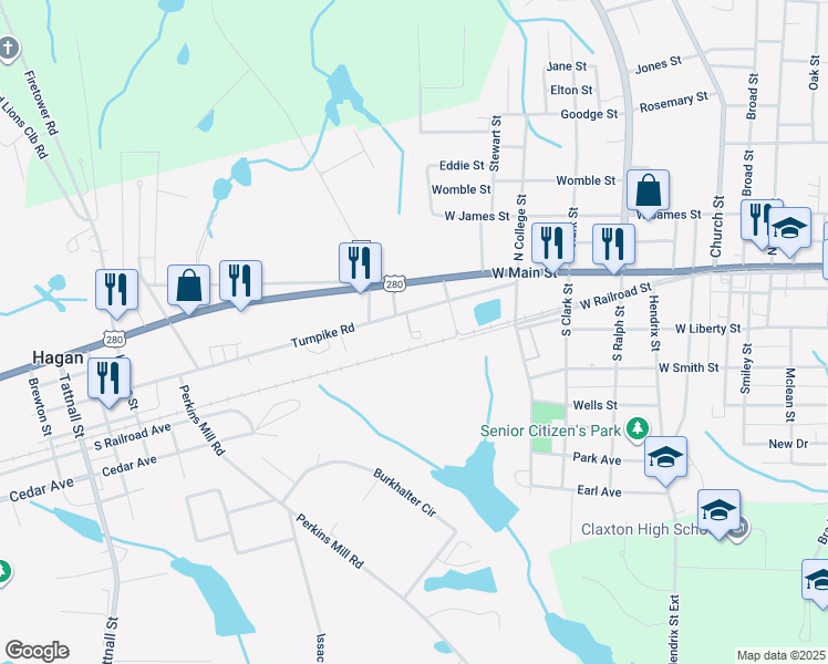 map of restaurants, bars, coffee shops, grocery stores, and more near Tree Park Road in Claxton