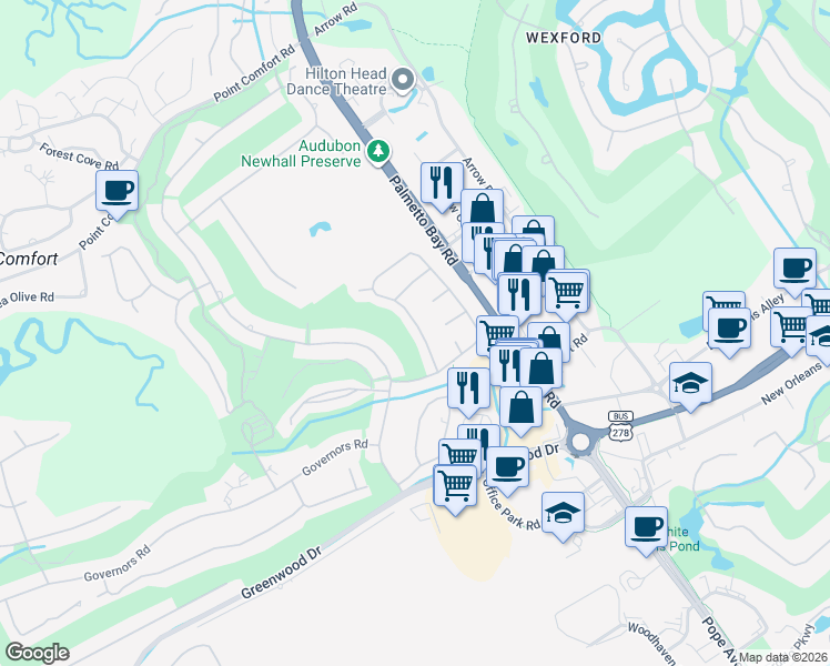 map of restaurants, bars, coffee shops, grocery stores, and more near 156 Otter Road in Hilton Head Island