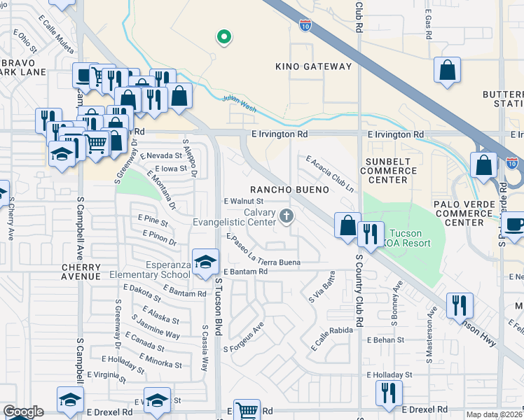 map of restaurants, bars, coffee shops, grocery stores, and more near 5173 South Via Laguna Blanca in Tucson