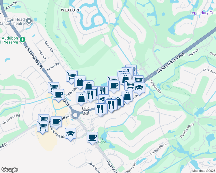 map of restaurants, bars, coffee shops, grocery stores, and more near 131 Dunnigans Alley in Hilton Head Island