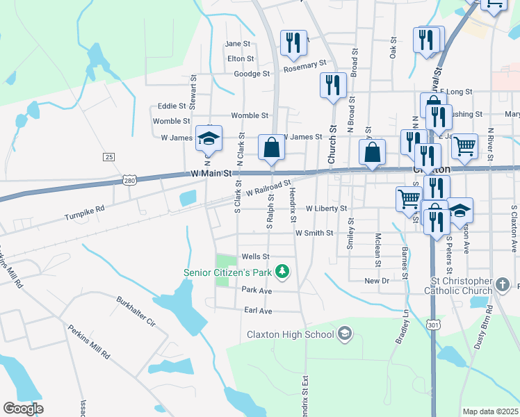 map of restaurants, bars, coffee shops, grocery stores, and more near 605 West Smith Street in Claxton