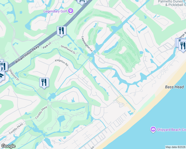 map of restaurants, bars, coffee shops, grocery stores, and more near 69 Kingston Dunes Road in Hilton Head Island