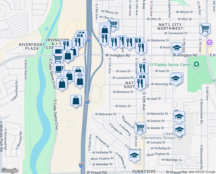 map of restaurants, bars, coffee shops, grocery stores, and more near 5110 South 17th Avenue in Tucson