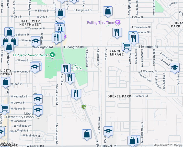 map of restaurants, bars, coffee shops, grocery stores, and more near 407 East Thoroughbred Street in Tucson