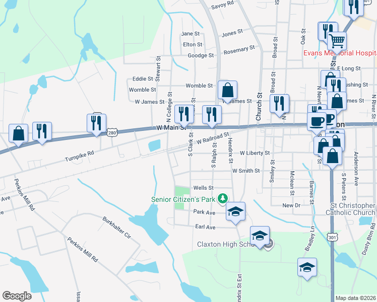 map of restaurants, bars, coffee shops, grocery stores, and more near 3 South Clark Street in Claxton