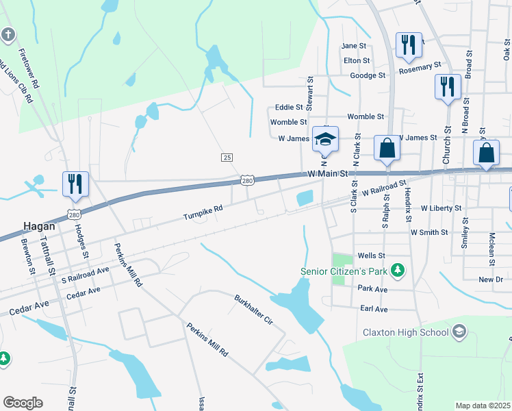 map of restaurants, bars, coffee shops, grocery stores, and more near Tree Park Road in Claxton