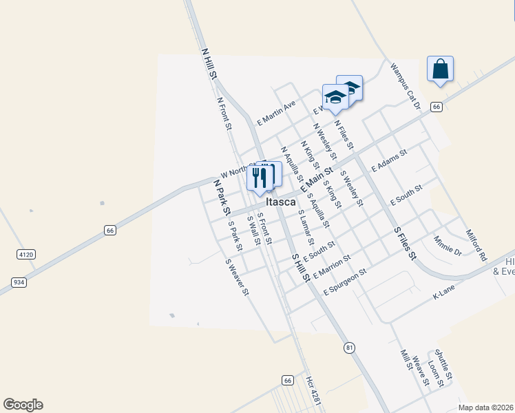 map of restaurants, bars, coffee shops, grocery stores, and more near 101 North Front Street in Itasca