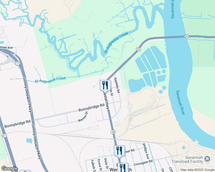 map of restaurants, bars, coffee shops, grocery stores, and more near 126 Highway 17 in Port Wentworth
