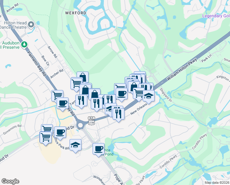 map of restaurants, bars, coffee shops, grocery stores, and more near 131 Dunnigans Alley in Hilton Head Island