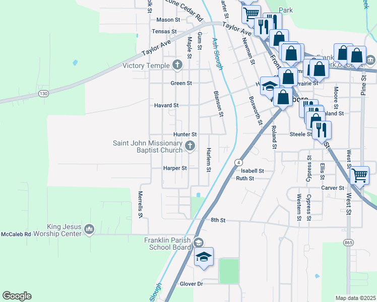 map of restaurants, bars, coffee shops, grocery stores, and more near 1600 Maple Street in Winnsboro