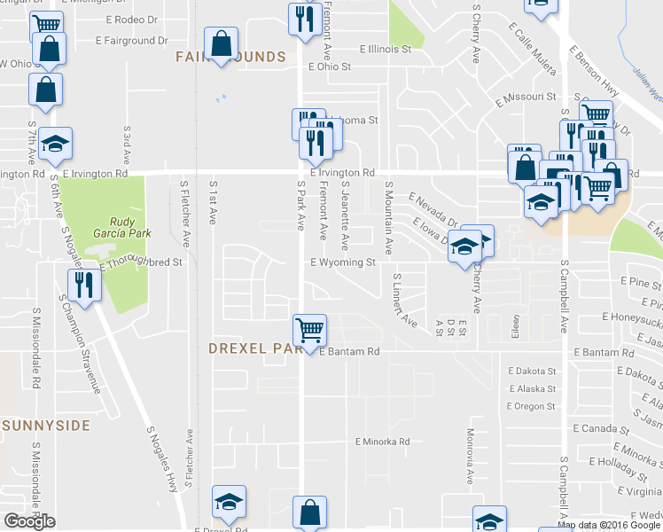map of restaurants, bars, coffee shops, grocery stores, and more near 5081 Fremont Avenue in Tucson