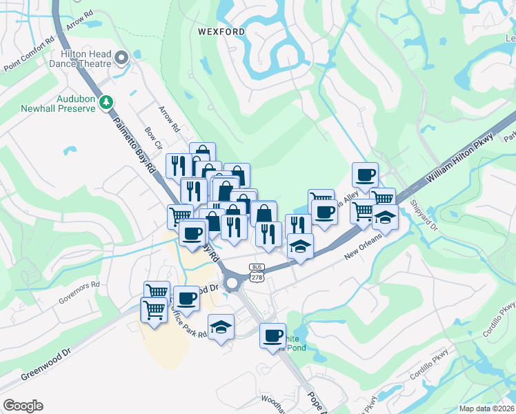map of restaurants, bars, coffee shops, grocery stores, and more near 119 Arrow Road in Hilton Head Island