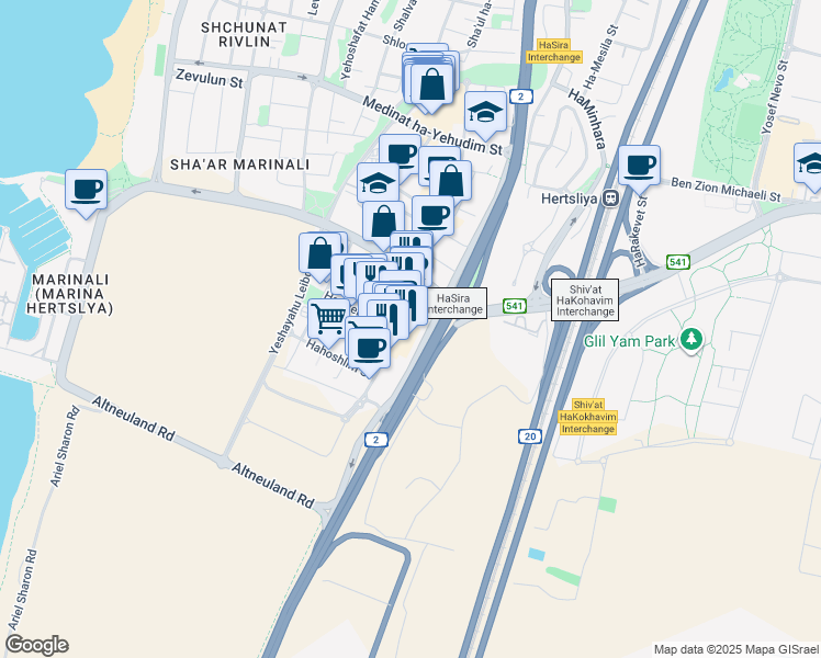 map of restaurants, bars, coffee shops, grocery stores, and more near 5 Arye Shenkar Street in Herzliya