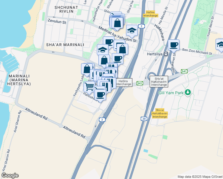 map of restaurants, bars, coffee shops, grocery stores, and more near 5 Arye Shenkar Street in Herzliya