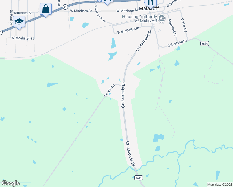 map of restaurants, bars, coffee shops, grocery stores, and more near 303 Lovers Lane in Malakoff