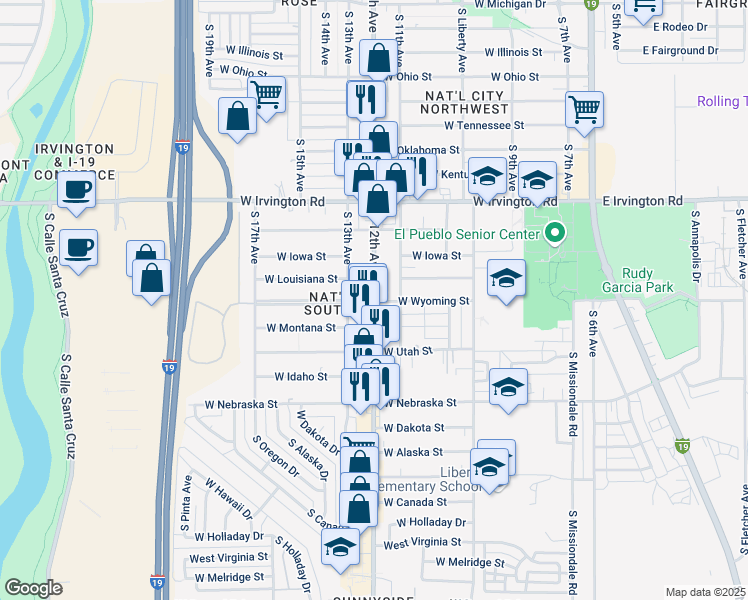 map of restaurants, bars, coffee shops, grocery stores, and more near South 12th Avenue in Tucson
