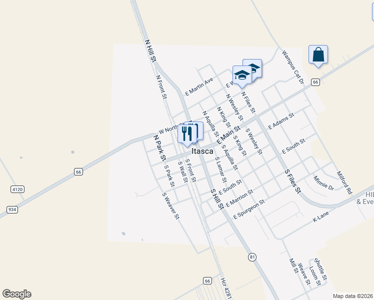 map of restaurants, bars, coffee shops, grocery stores, and more near 101-199 North Front Street in Itasca
