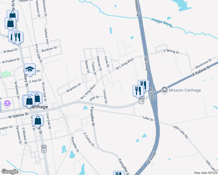 map of restaurants, bars, coffee shops, grocery stores, and more near 905 Sanders Street in Carthage