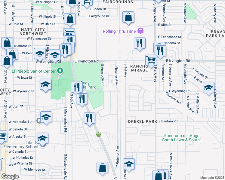 map of restaurants, bars, coffee shops, grocery stores, and more near 407 East Thoroughbred Street in Tucson