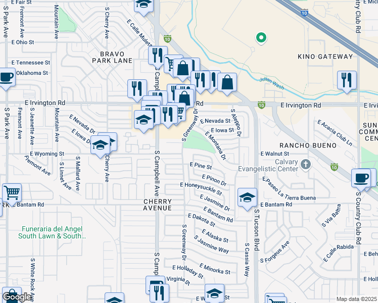 map of restaurants, bars, coffee shops, grocery stores, and more near 2111 East Balsam Circle in Tucson