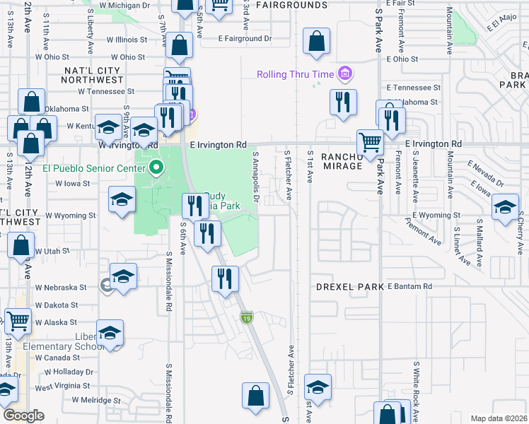 map of restaurants, bars, coffee shops, grocery stores, and more near 407 East Thoroughbred Street in Tucson